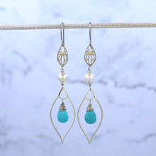 Load image into Gallery viewer, Rare Sleeping Beauty Turquoise Gemstone and Pearl Marquis Dangle Earrings, Sterling Silver
