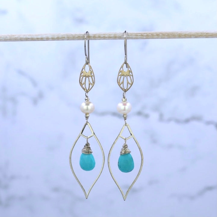 Rare Sleeping Beauty Turquoise Gemstone and Pearl Marquis Dangle Earrings, Sterling Silver