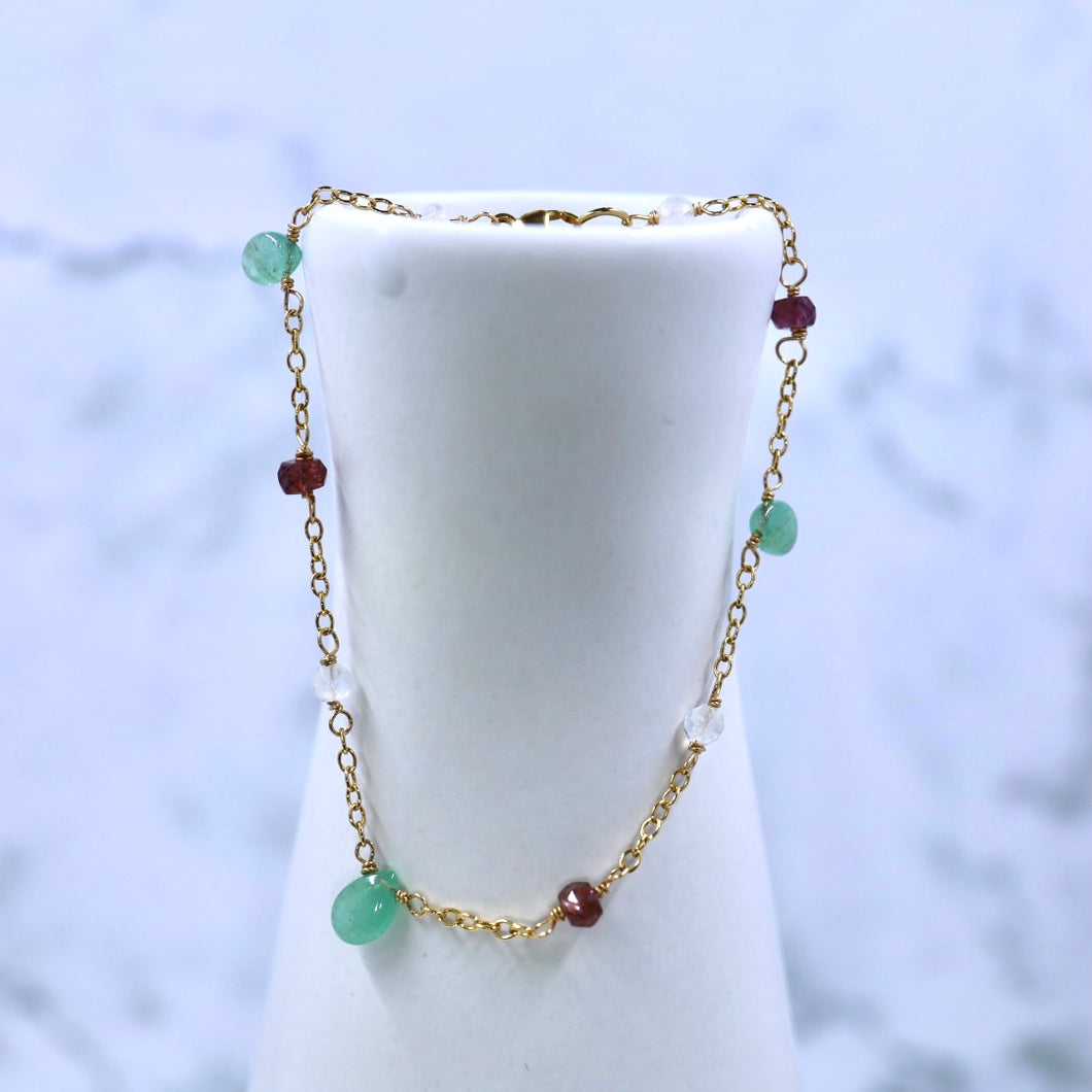 Chic Columbian Emerald Bracelet with Moonstones and Spinel, Gold Filled