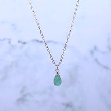 Load image into Gallery viewer, Trendy Columbian Emerald Briolette Necklace with Paper Clip Chain, Gold Filled
