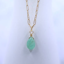 Load image into Gallery viewer, Trendy Columbian Emerald Briolette Necklace with Paper Clip Chain, Gold Filled
