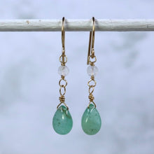 Load image into Gallery viewer, Classy Columbian Emerald  and Moonstone Dangle Earrings, Gold Filled
