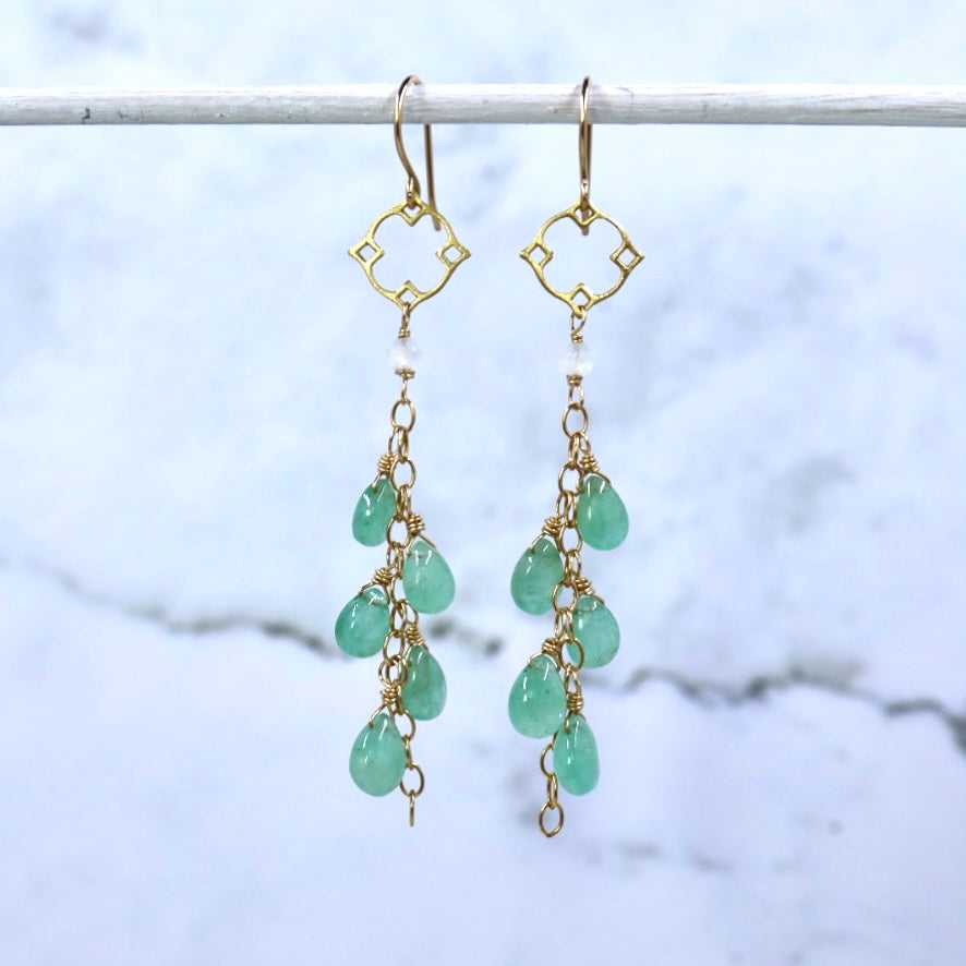 Exquisite Columbian Emerald and Moonstone Cascade Earrings, Gold Filled